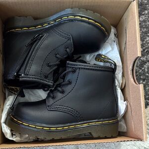 Dr. Martens Black Kids Boots with Yellow Stitching